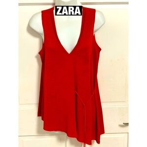 ZARA Orange Deep V Neck Asymmetrical Tunic with Tie Sz S‎